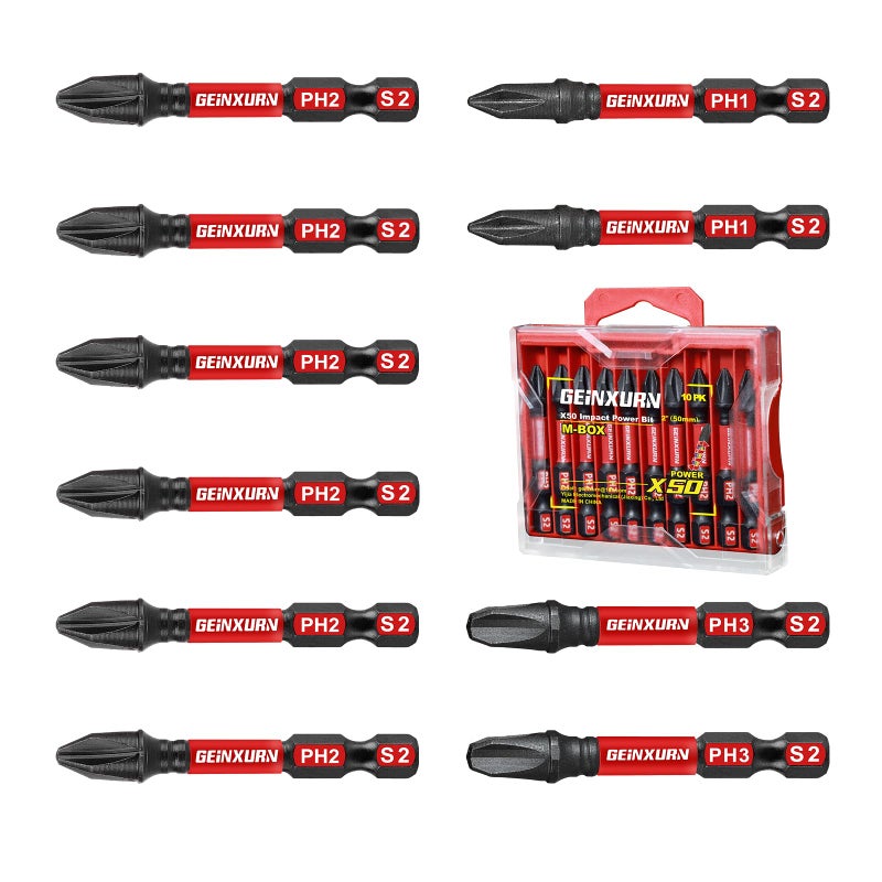 Geinxurn Impact Tough 2 in. (PH1/PH2/PH3) Screwdriver Bits Set 10 Pack Magnetic S2 Steel Phillips Power Driver Bits with Storage M-Box - Image 1